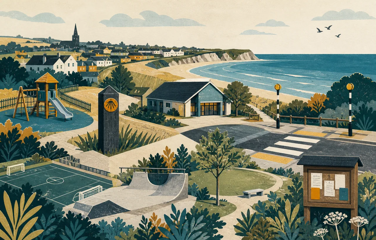 Illustration of Thanet community improvements, including a play area, heritage trail, community hall, road crossing, sports pitch, skatepark and public green space.